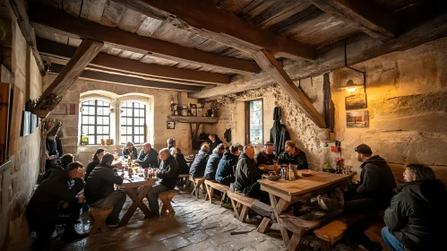 People at Tables in a Stone Building