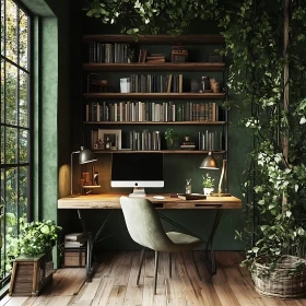 Green-Themed Home Office with Bookshelves