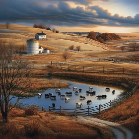 Rural Farm with Cows Cooling Off