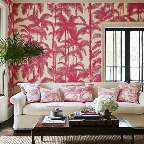 Living Room with Palm Tree Wallpaper