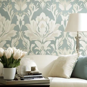 Floral Wallpaper and Tulips in Serene Interior