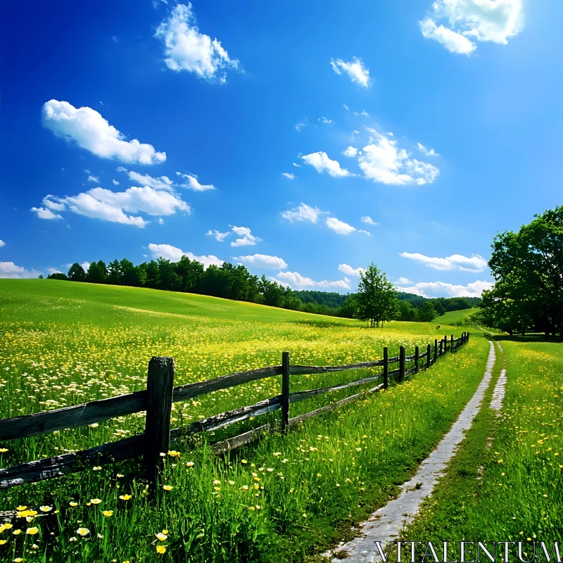 AI ART Green Field with Flowers and Fence