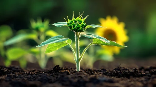 Young Sunflower Growing in the Field