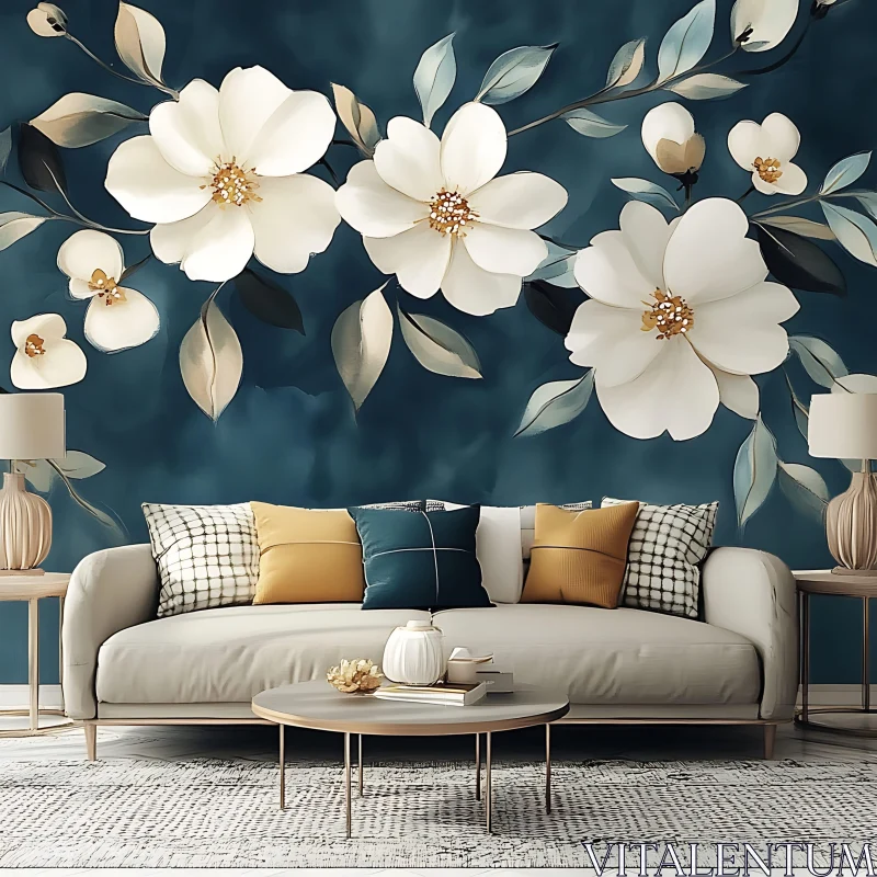 AI ART Floral Accent Wall in Modern Living Room