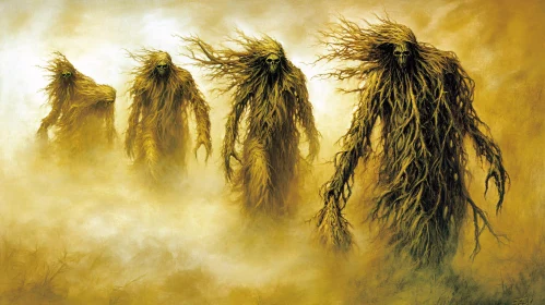 Horrific Rooted Figures Emerging from Mist