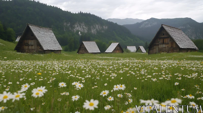 Rustic Houses in a Daisy Meadow Landscape AI Image