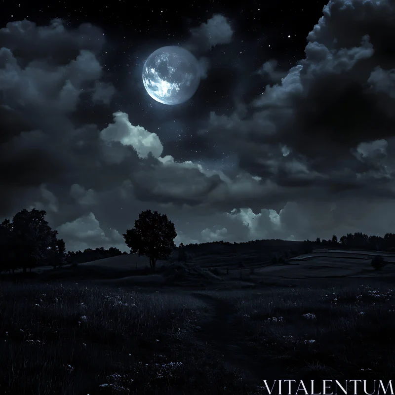 AI ART Night Scene: Full Moon Over Field