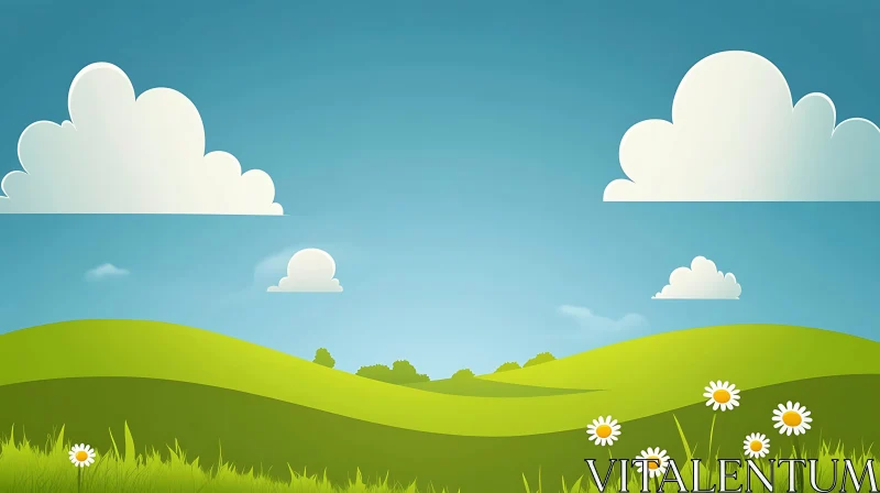 AI ART Cartoon Green Field with Flowers