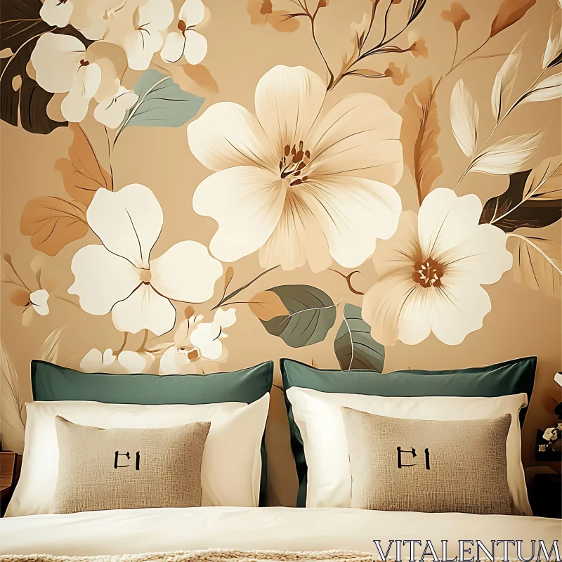 Elegant Bedroom with Floral Wallpaper AI Image