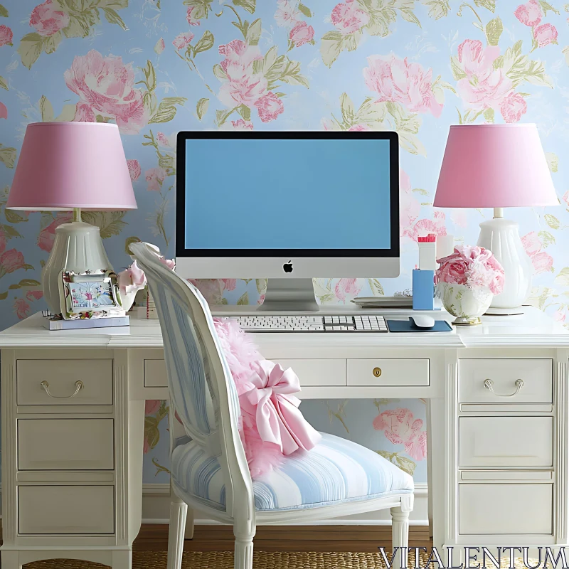 Pink Accented Workspace with Floral Wallpaper AI Image