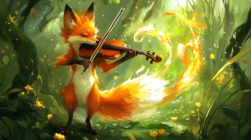 Fox Playing Violin in Woodland Scene