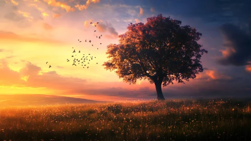 Sunset Landscape with Tree and Birds