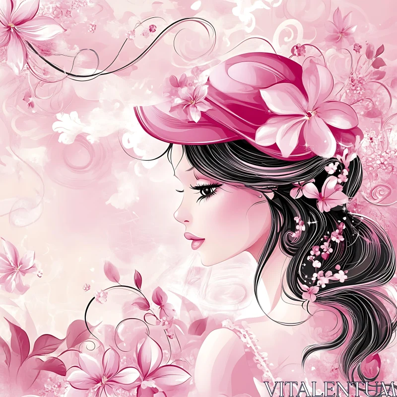 Floral Adorned Woman in Pink Hues AI Image