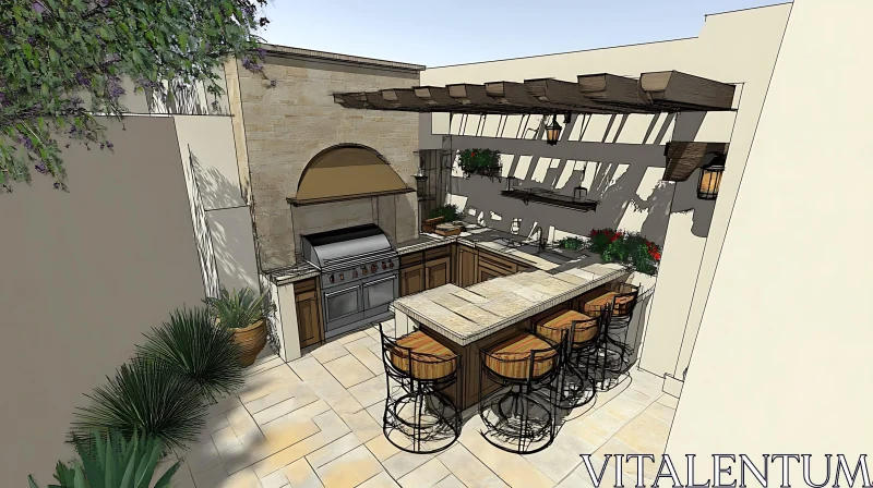 Sunlit Outdoor Kitchen with Bar Area AI Image