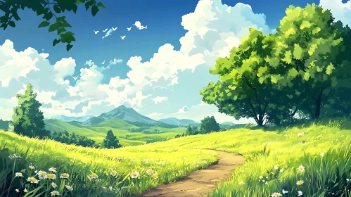 Scenic Path Through Green Fields