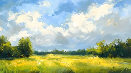 Lush Field Landscape with Trees and Sky