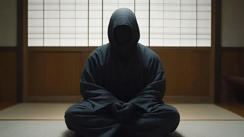 Hooded Figure Meditating in Japanese Room