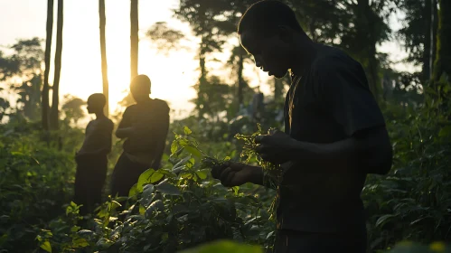 Man Gathering Plants in Forest