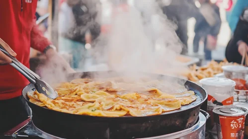 Vendor Preparing Pancakes in Busy Market