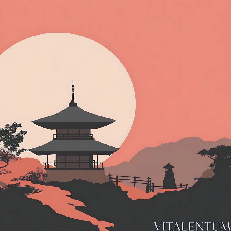 Pagoda Silhouette at Sunset AI Image