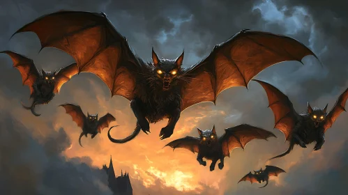 Fantasy Cat-Bat Flock in Gloomy Sky