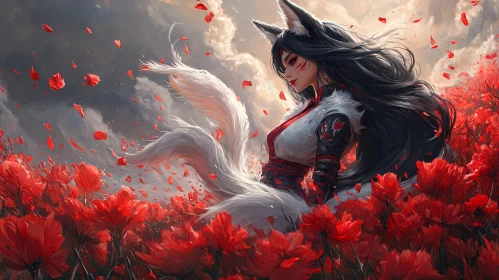Fox Spirit Amidst Red Blossoms
