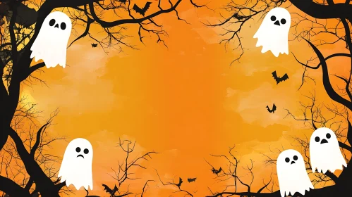 Halloween Ghosts and Bats Illustration