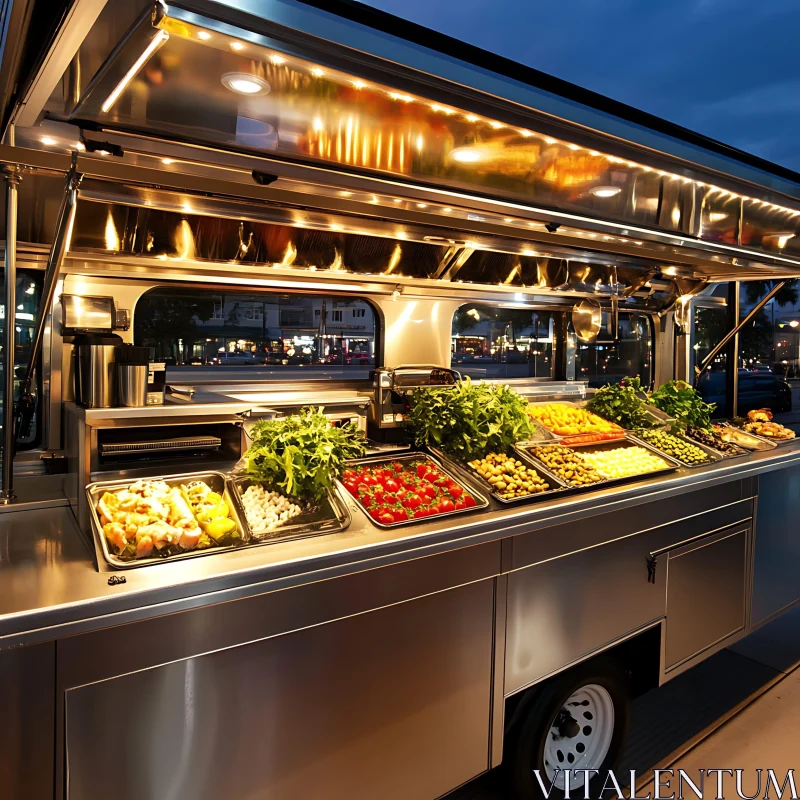 Night Market Delight: Vibrant Food Truck With Fresh Produce AI Image