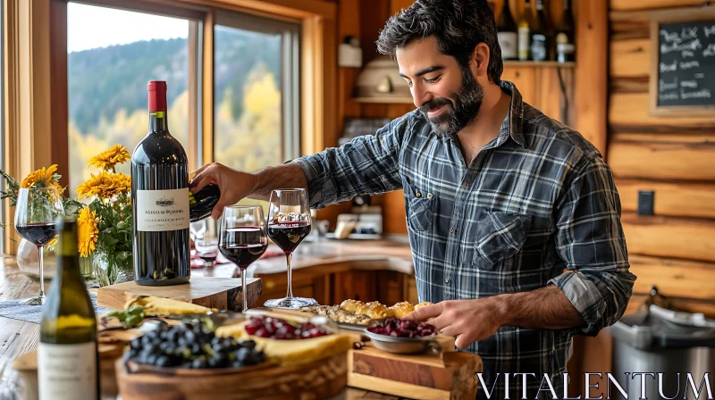 Man pouring wine in the kitchen AI Image