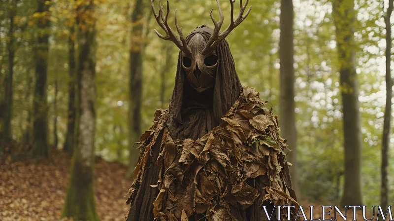 Mystic Woodland Figure in Autumnal Forest AI Image