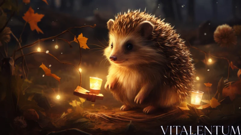 Charming Hedgehog in the Forest with Lantern - Artistic Illustration AI Image