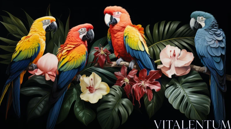 Colorful Parrots Amidst Exotic Flora - Nature's Enchanting Artistry AI Image