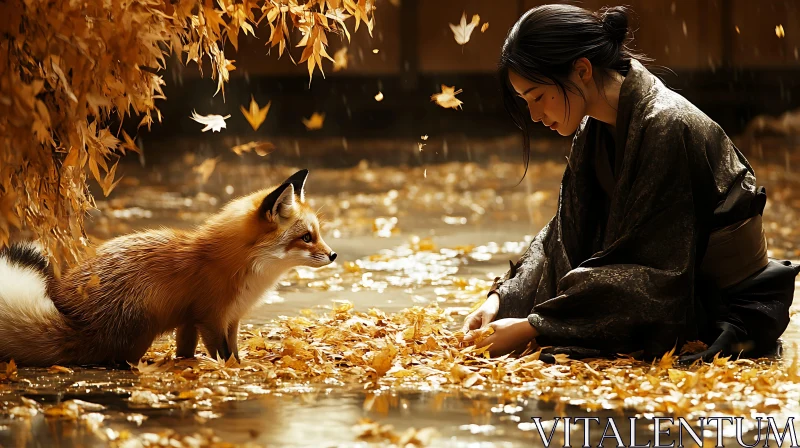 Autumnal Encounter with Fox and Woman AI Image