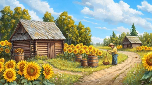 Rustic Cabin and Sunflowers Artwork