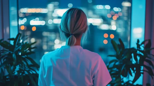 Woman Gazing at City Lights at Night