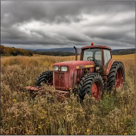 Old Red Tractor Amidst Tall Grass