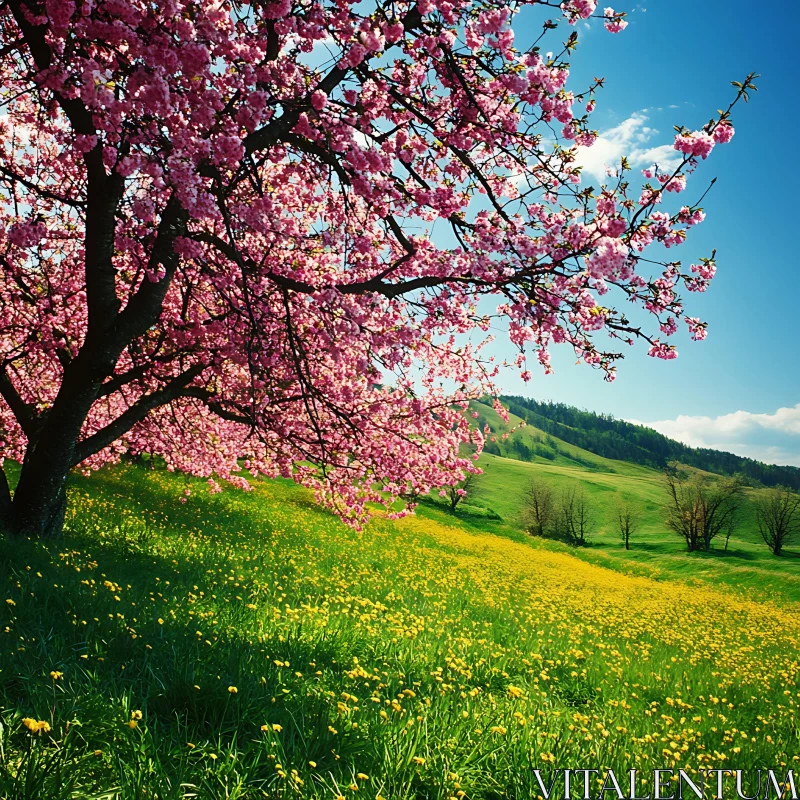 AI ART Spring Meadow with Blossoming Tree