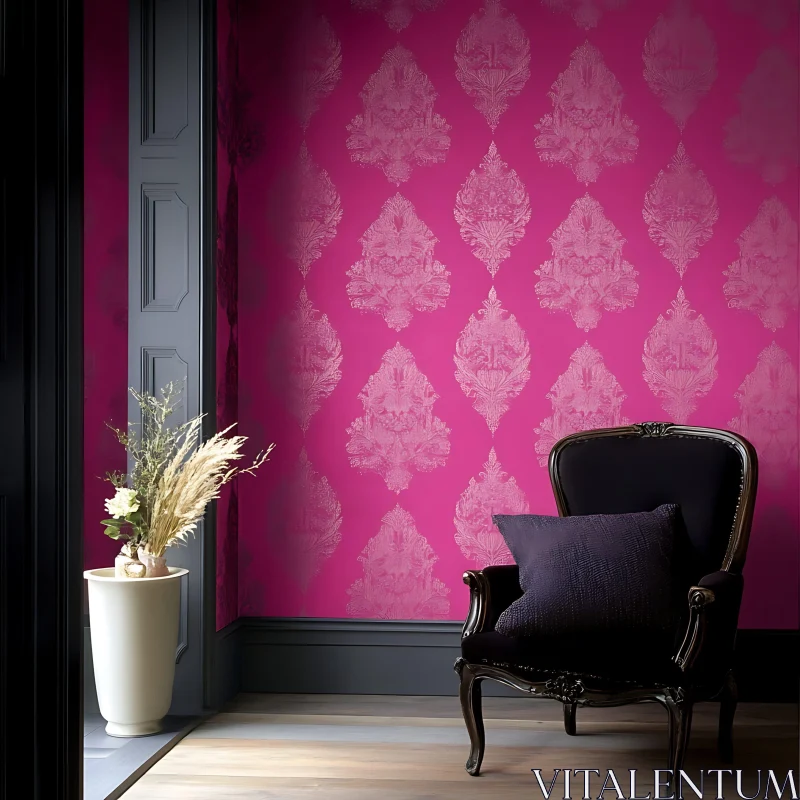 AI ART Stylish Room with Pink Damask Wallpaper