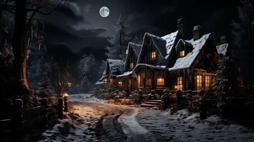 Moonlit Winter Night with Snow-Covered Cottage