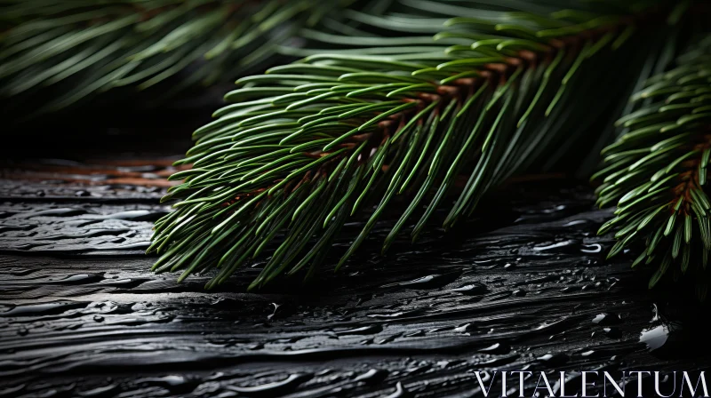 Pine Branch on Dark Wooden Surface: A Festive Still Life AI Image