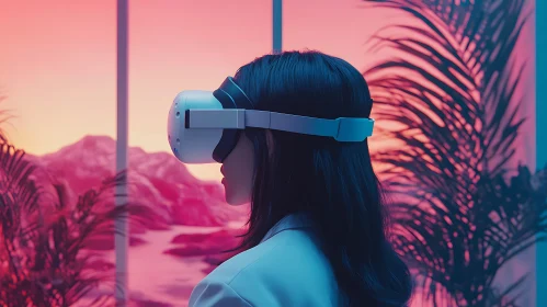 VR Headset User in Pink and Blue World