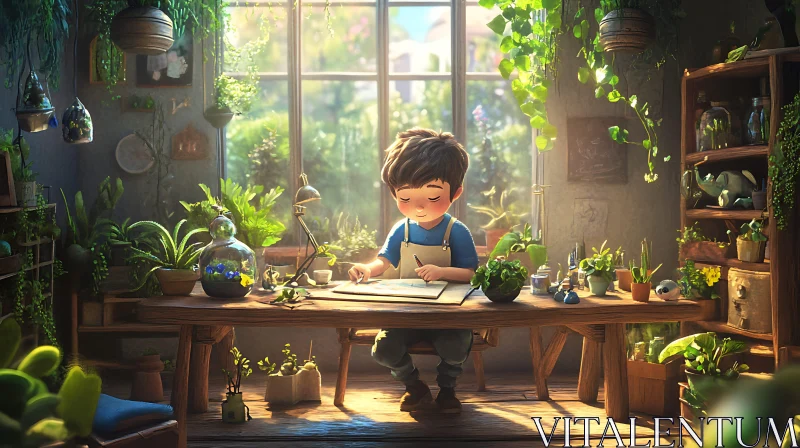 Indoor Garden Art: Boy's Drawing Session AI Image