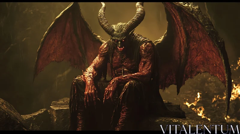 Horned Demon on a Throne of Fire AI Image