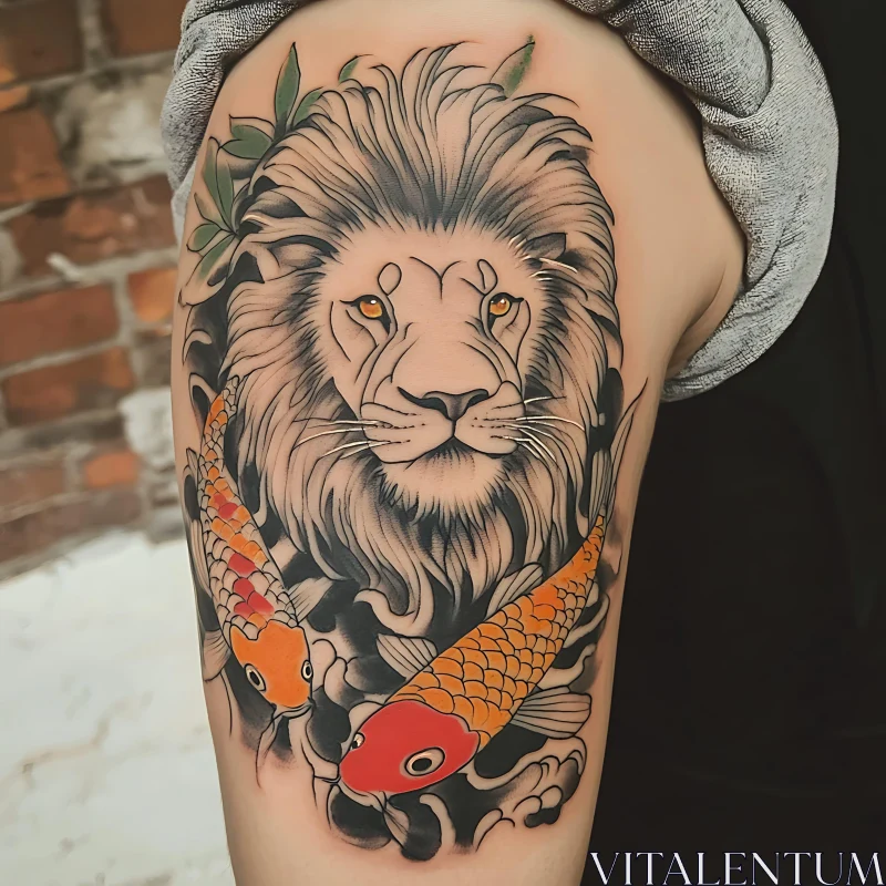 Detailed Lion and Koi Fish Arm Tattoo AI Image