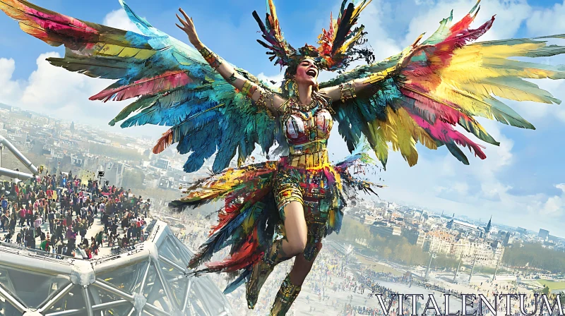 AI ART Winged Woman Celebrates in Urban Carnival