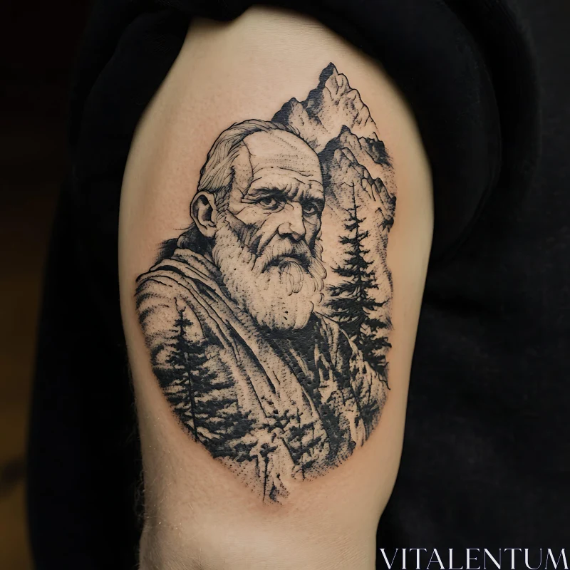 AI ART Tattoo of Man with Majestic Mountain Background