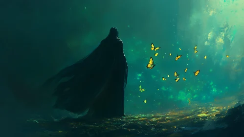 Cloaked Figure and Butterfly Swarm