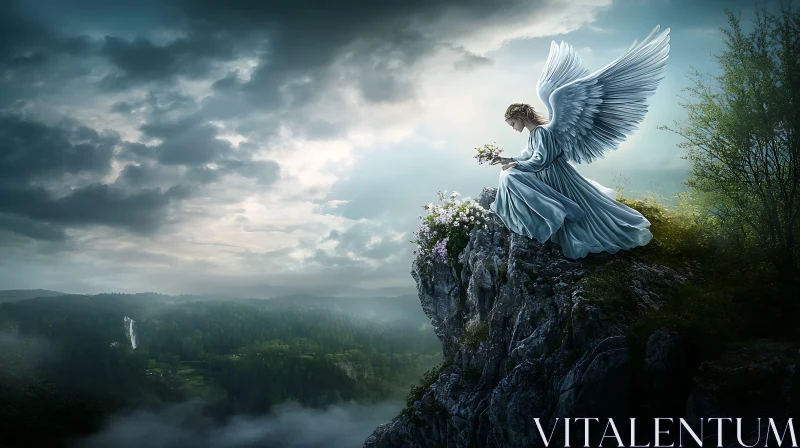 Angel with Flowers on Rocky Peak AI Image