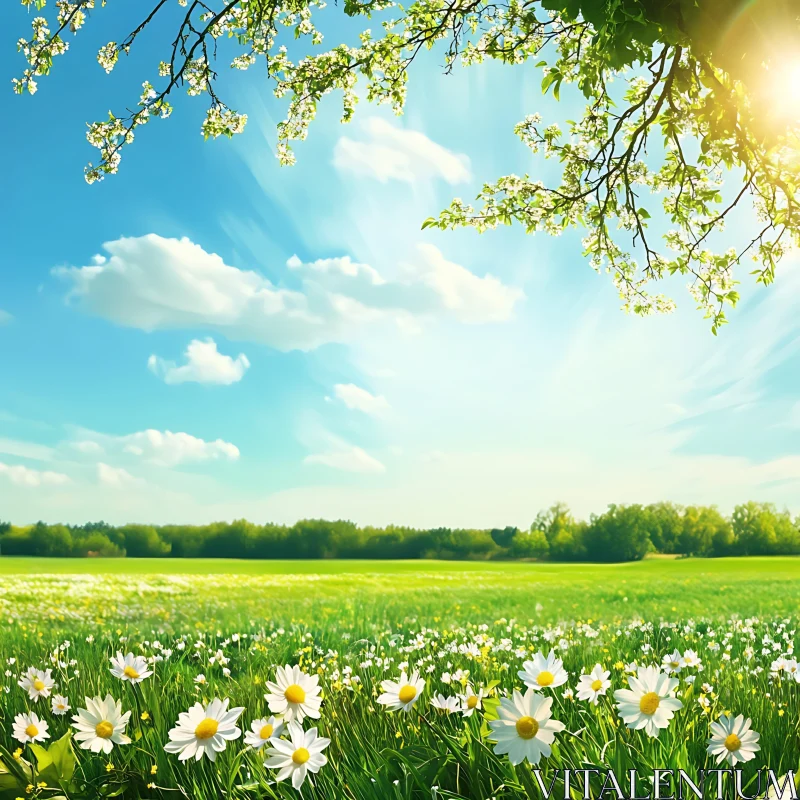 Spring Meadow with Daisies and Sunlight AI Image