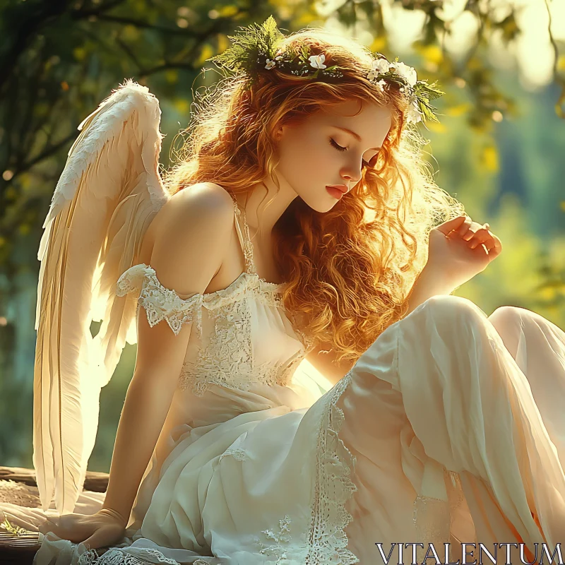 Red-Haired Angel in White Dress AI Image